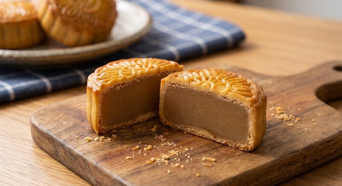 A cut mooncake showing smooth lotus seed paste filling on a wooden cutting board with crumbs nearby