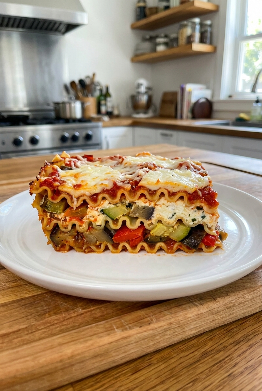 A cut slice of vegetarian lasagna on a plate showing layers of noodles, roasted vegetables, red sauce, and creamy ricotta