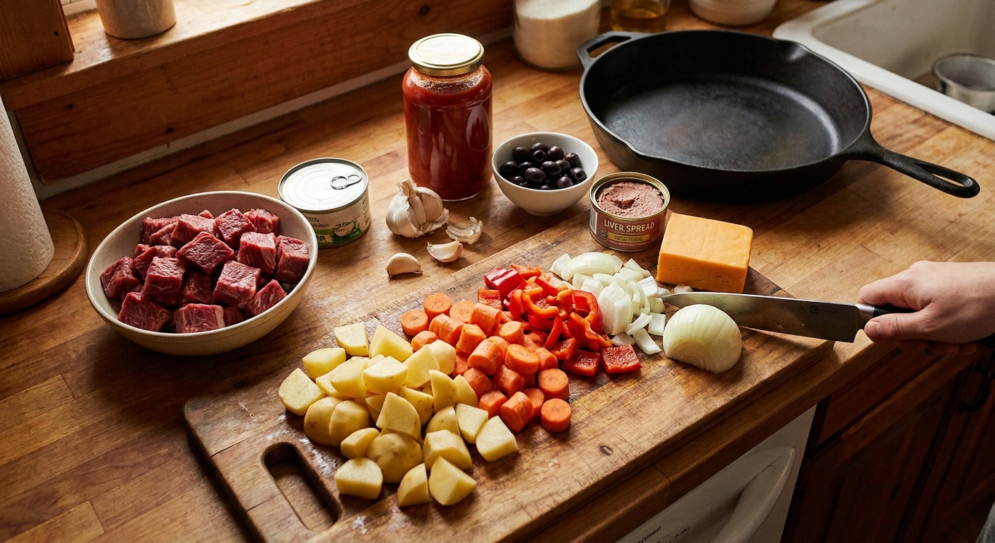 A cutting board and counter with beef chuck, potatoes, carrots, red bell pepper, onion, garlic, tomato sauce, olives, liver spread, and cheddar laid out before cooking