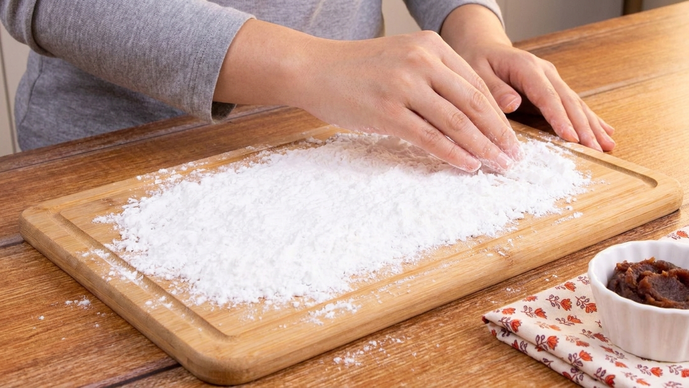 A cutting board heavily dusted with potato starch on a kitchen counter ready for shaping mochi