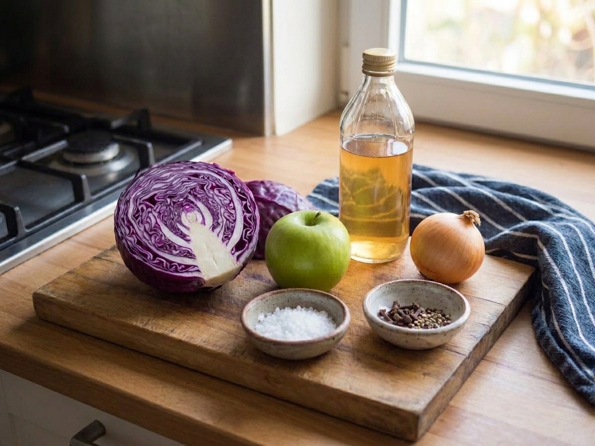 A cutting board on a kitchen counter with a halved red cabbage, a green apple, a yellow onion, apple cider vinegar, and small bowls of salt and spices