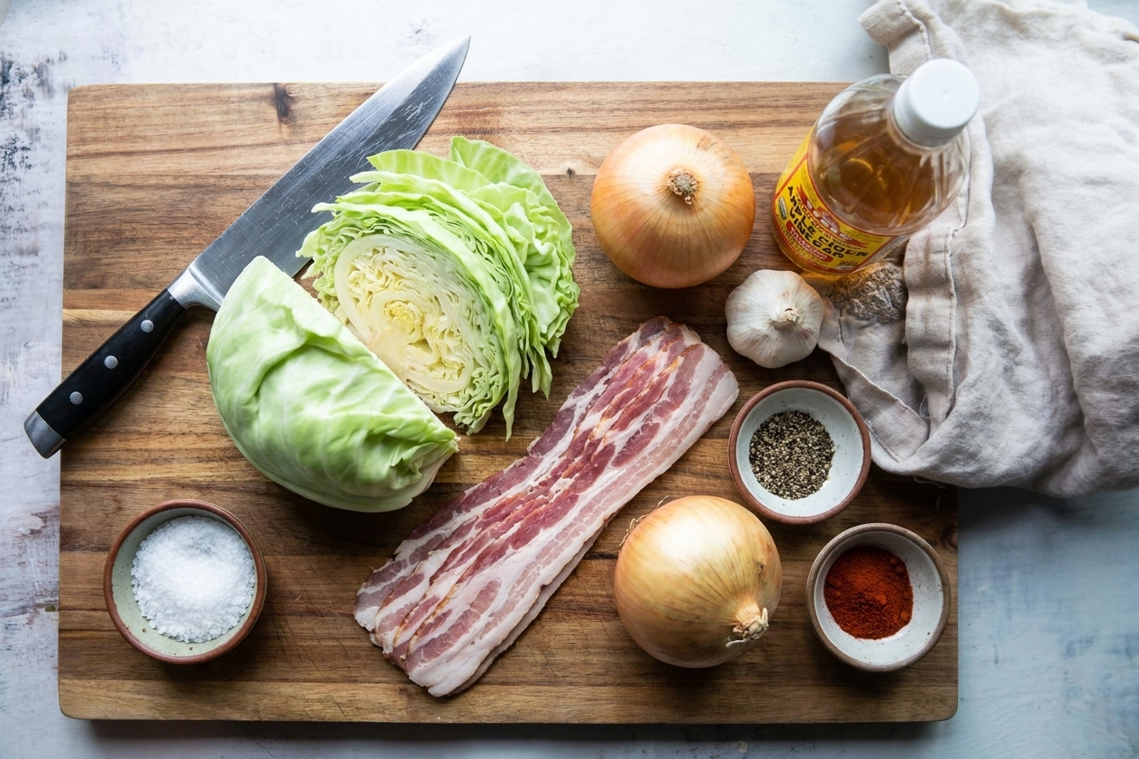 A cutting board on a kitchen counter with a head of green cabbage, bacon, a yellow onion, garlic, apple cider vinegar, and small bowls of salt, pepper, and paprika