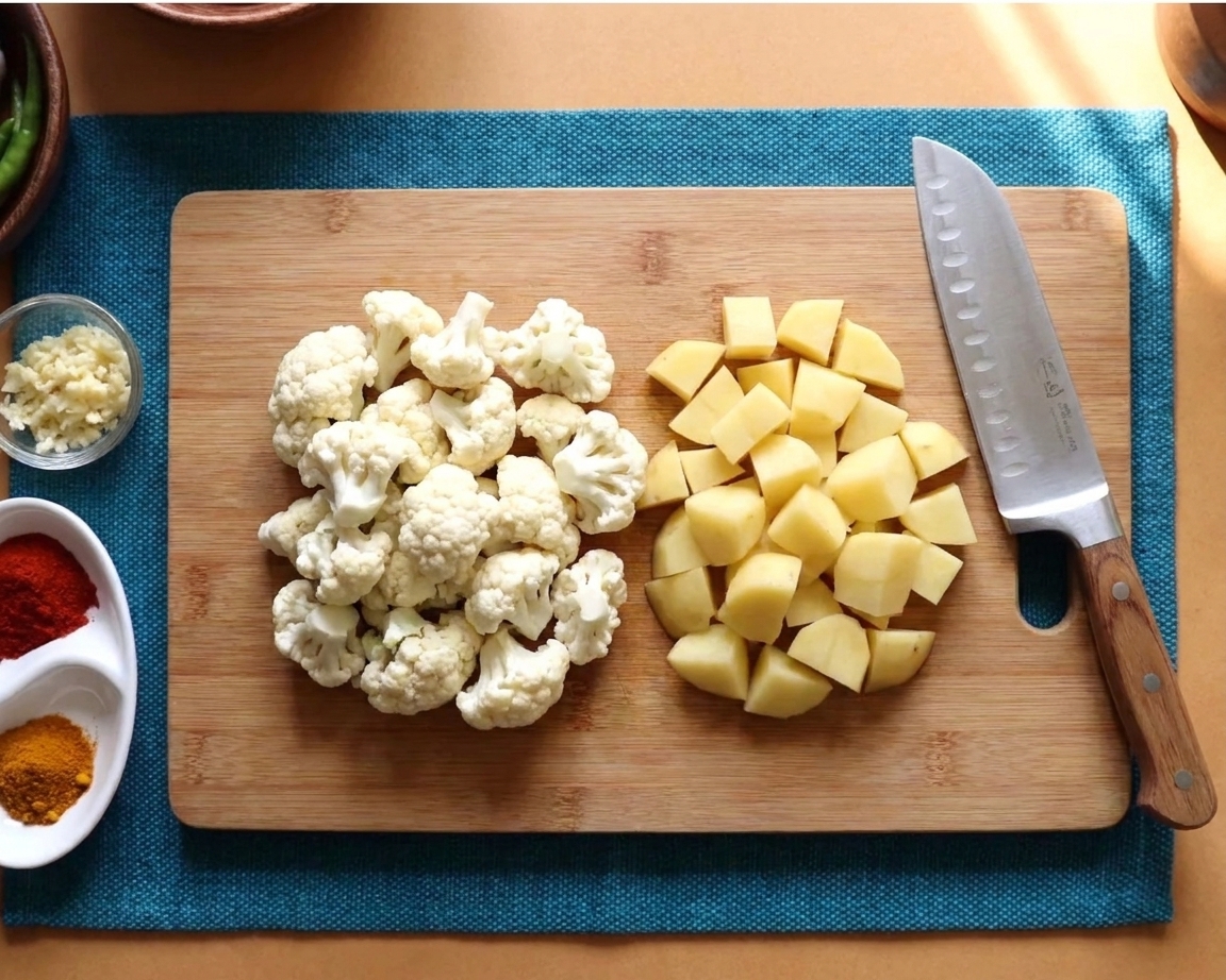 A cutting board on a kitchen counter with chopped cauliflower florets and cubed potatoes prepped for cooking, with a knife resting to the side