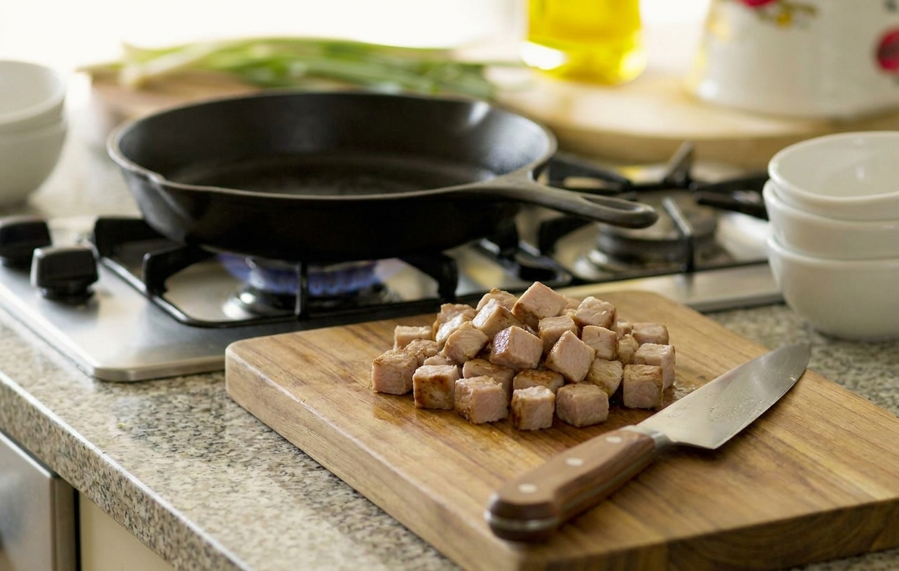A cutting board on a kitchen counter with diced leftover pork loin in small cubes beside a chef's knife, ready to add to a skillet