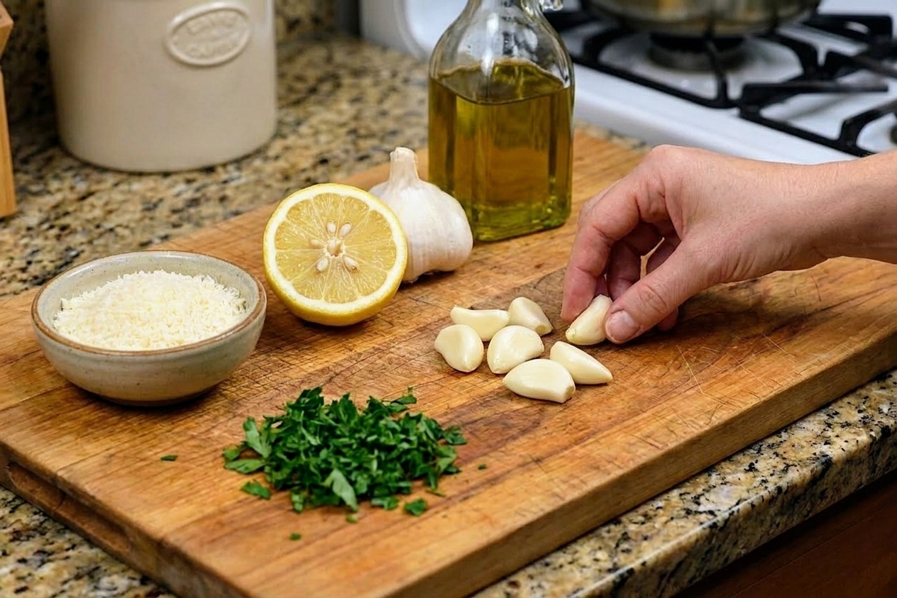 A cutting board on a kitchen counter with fresh garlic cloves, a halved lemon, chopped parsley, a small bowl of grated Parmesan, and a bottle of olive oil ready for cooking