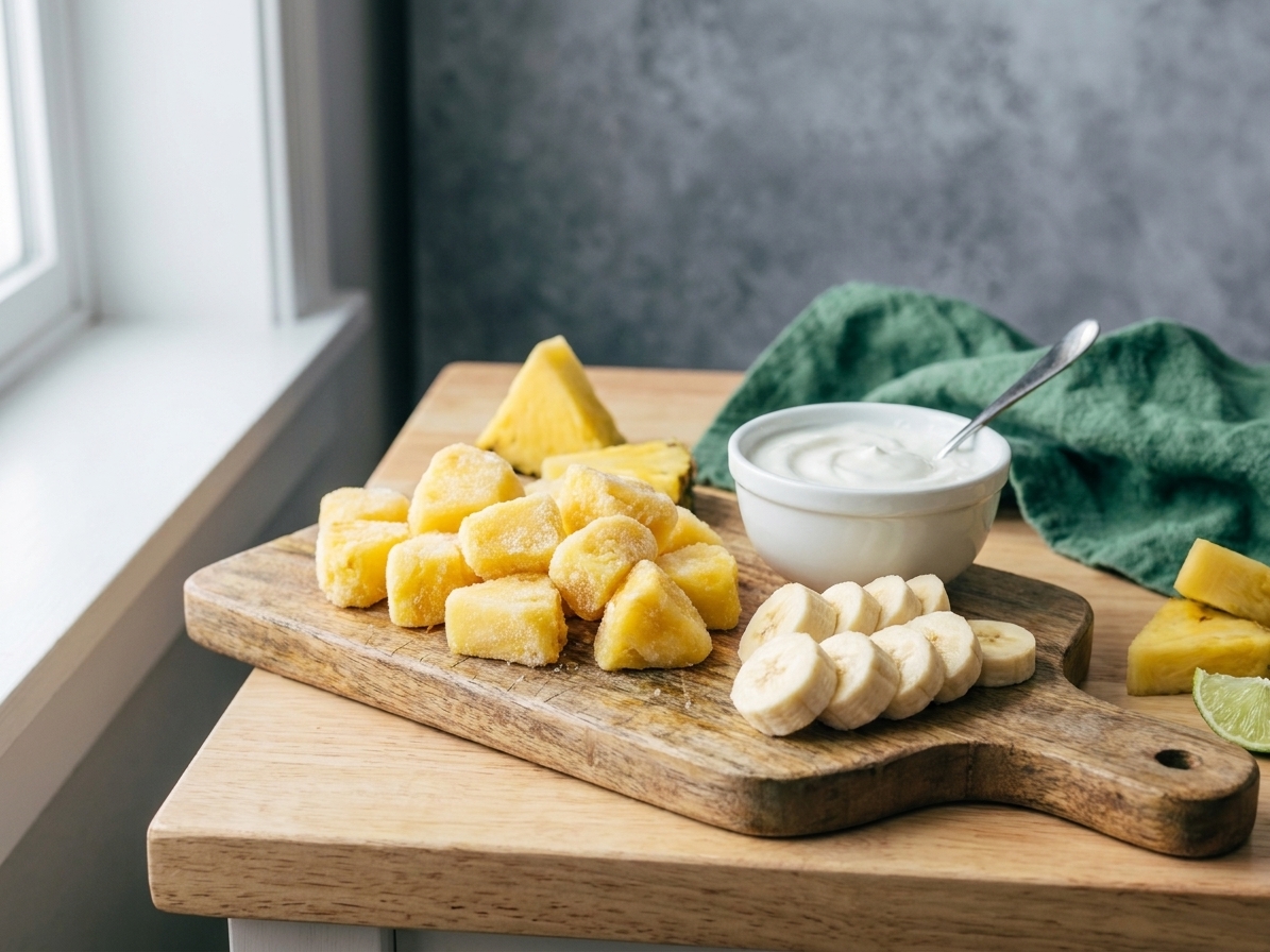 A cutting board on a kitchen counter with frozen pineapple chunks and sliced banana next to a small bowl of yogurt