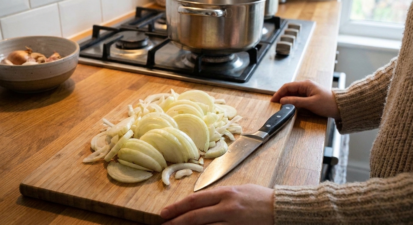 A cutting board piled with thinly sliced yellow onions and a chef's knife on a bright kitchen counter