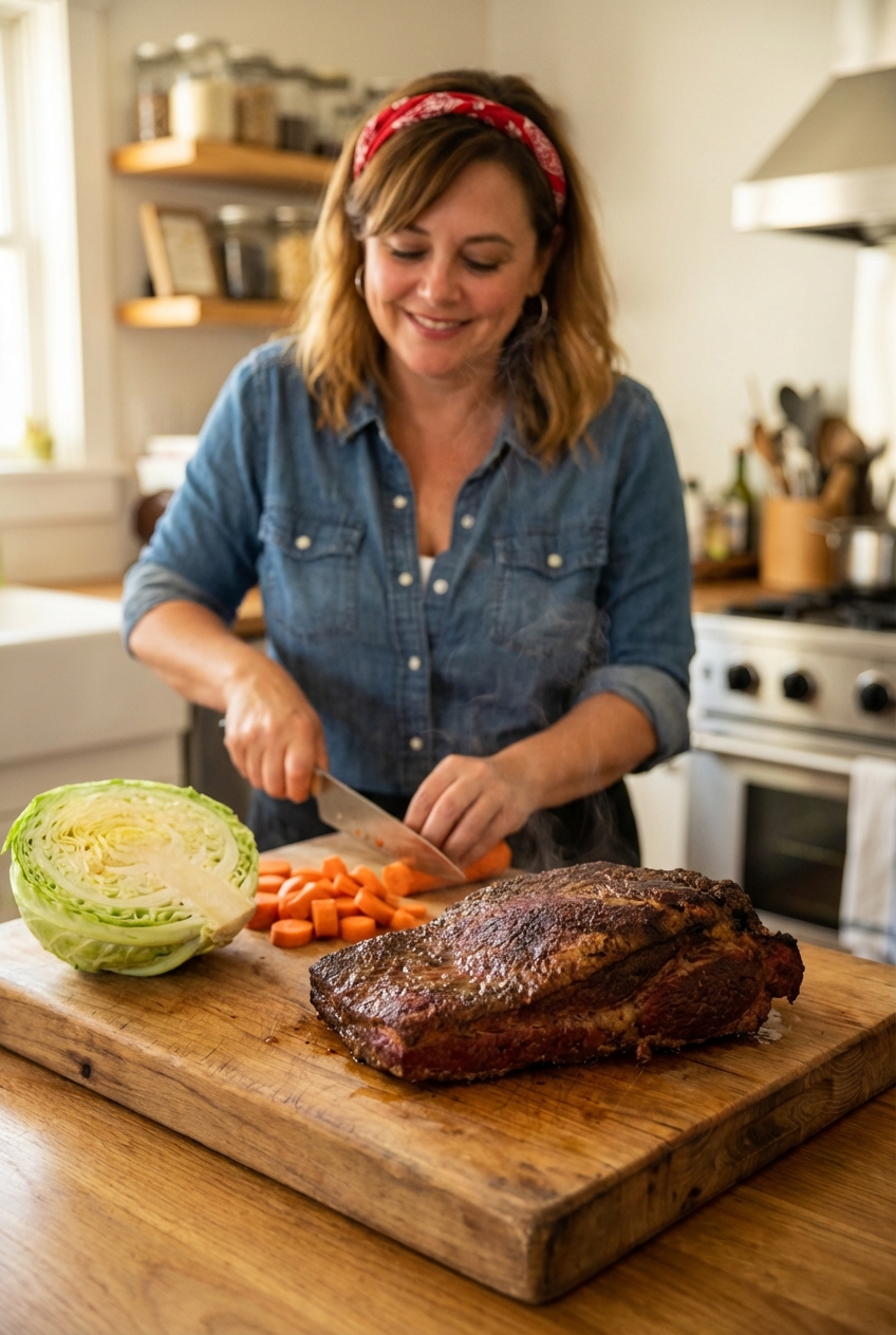 A cutting board with a cooked corned beef brisket resting while cabbage and carrots are prepped nearby