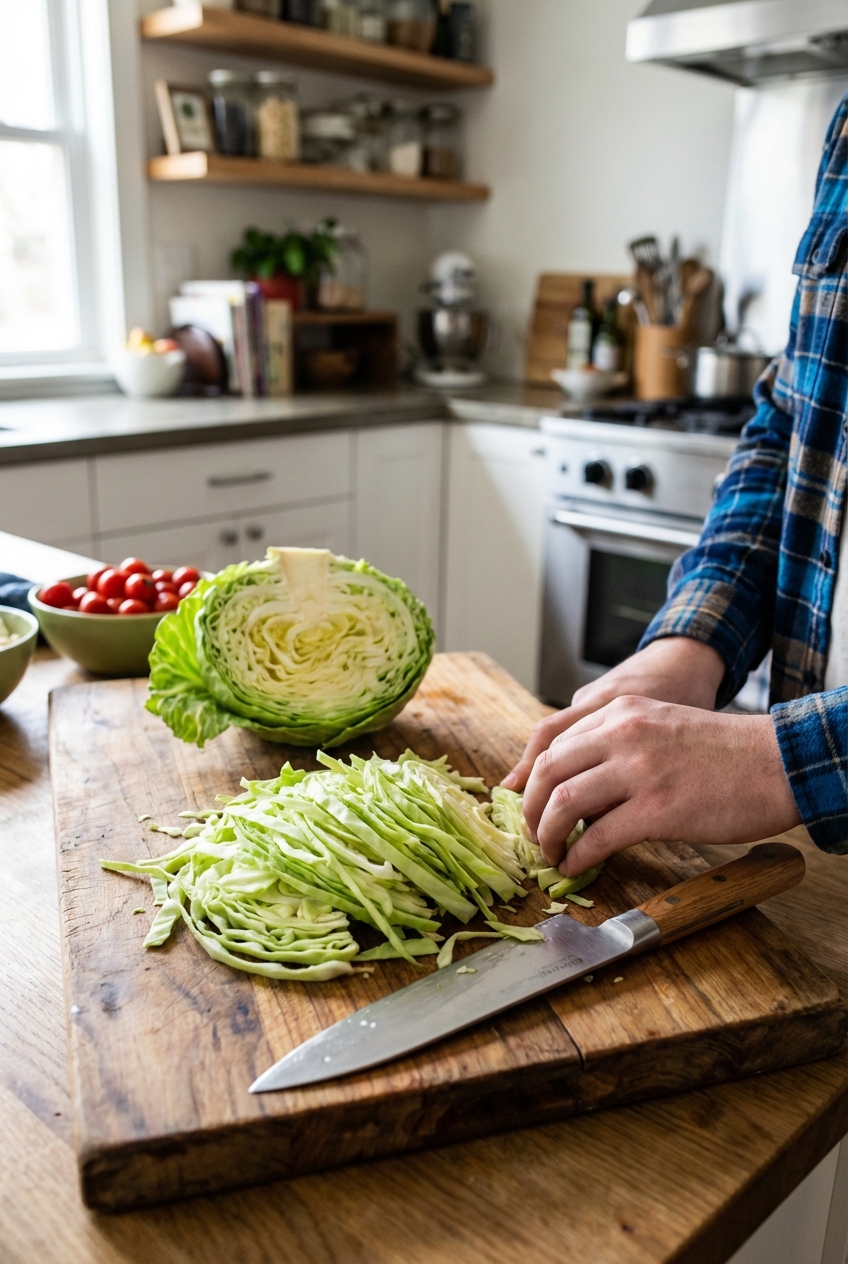 A cutting board with a halved green cabbage, a chef's knife, and thinly sliced cabbage ribbons ready to cook