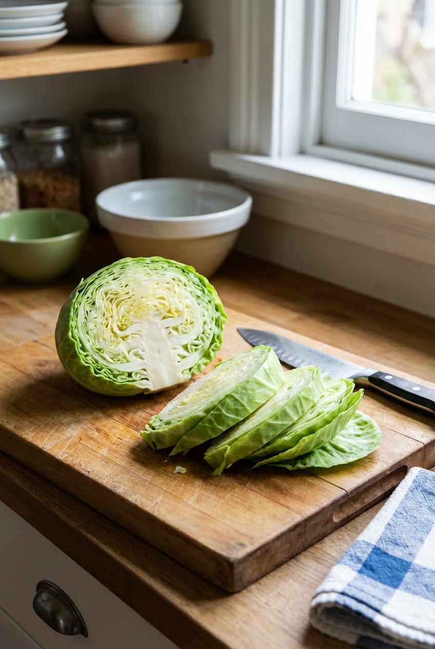 A cutting board with a halved green cabbage, thick wedges cut and ready to cook