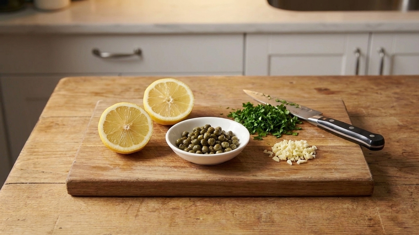 A cutting board with a halved lemon, a small bowl of capers, chopped parsley, and minced garlic ready for making a pan sauce