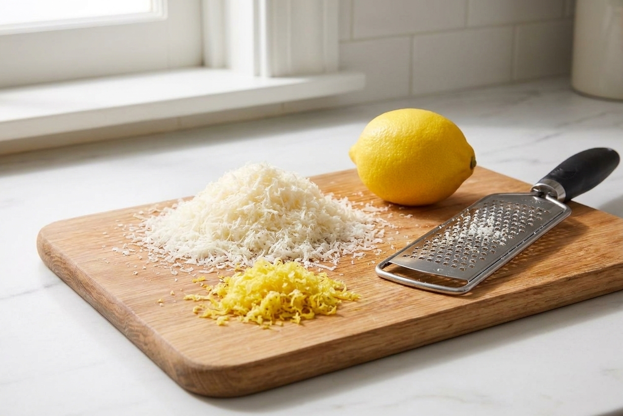 A cutting board with a mound of finely grated parmesan and fresh lemon zest beside a whole lemon and microplane