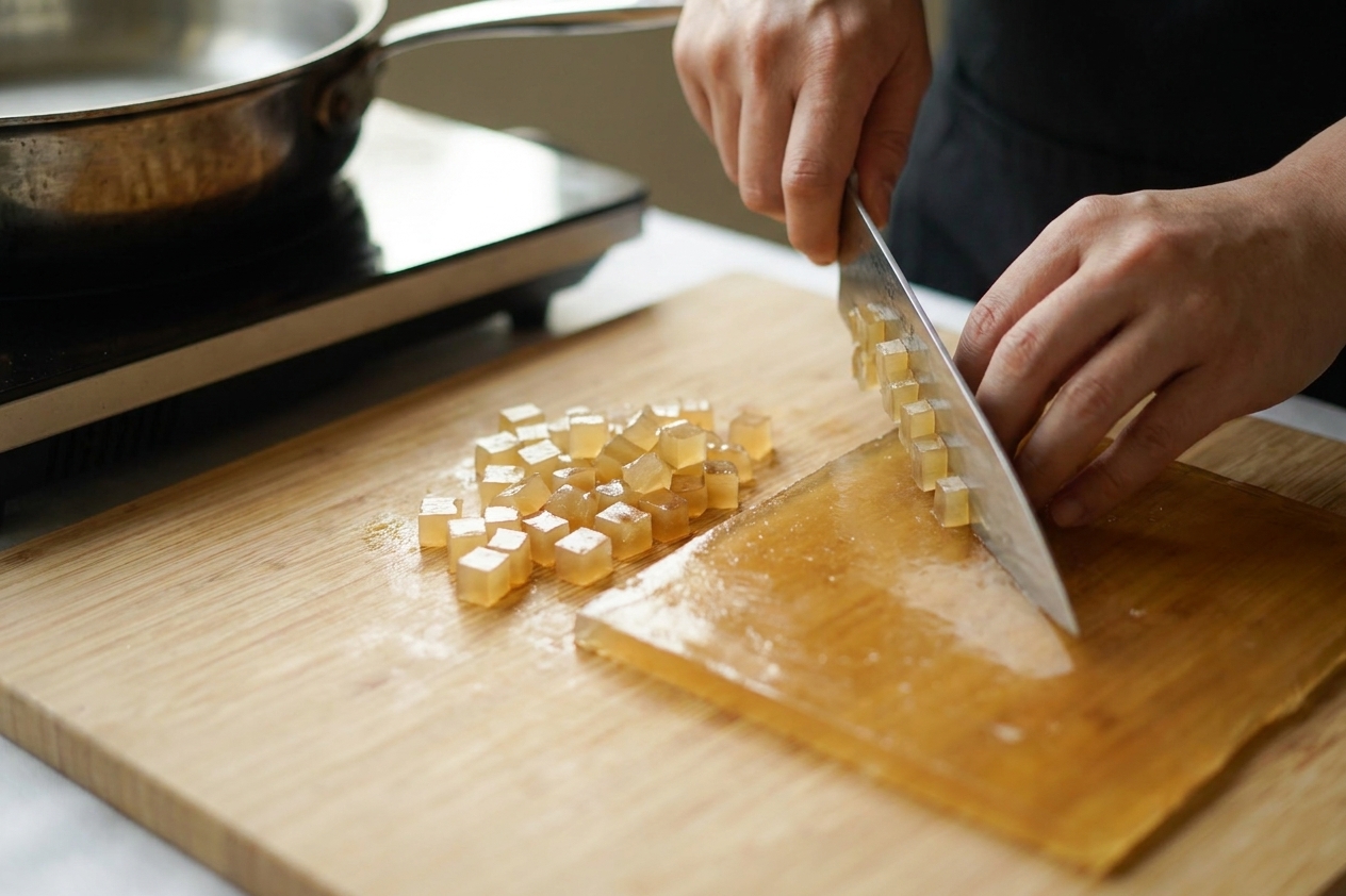 A cutting board with a set sheet of dumpling aspic being diced into small cubes with a chef's knife