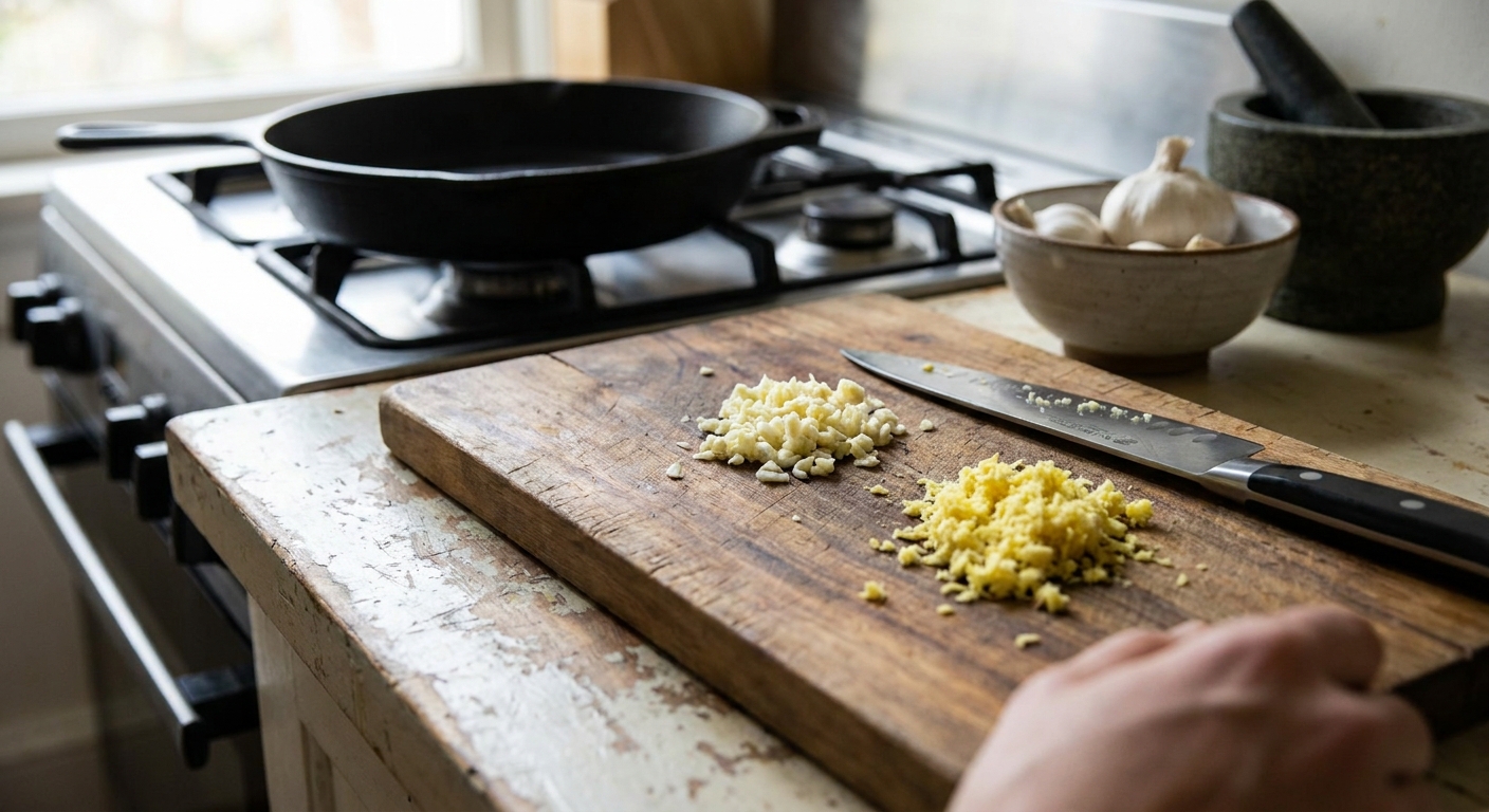 A cutting board with a small pile of minced garlic and freshly grated ginger beside a chef's knife