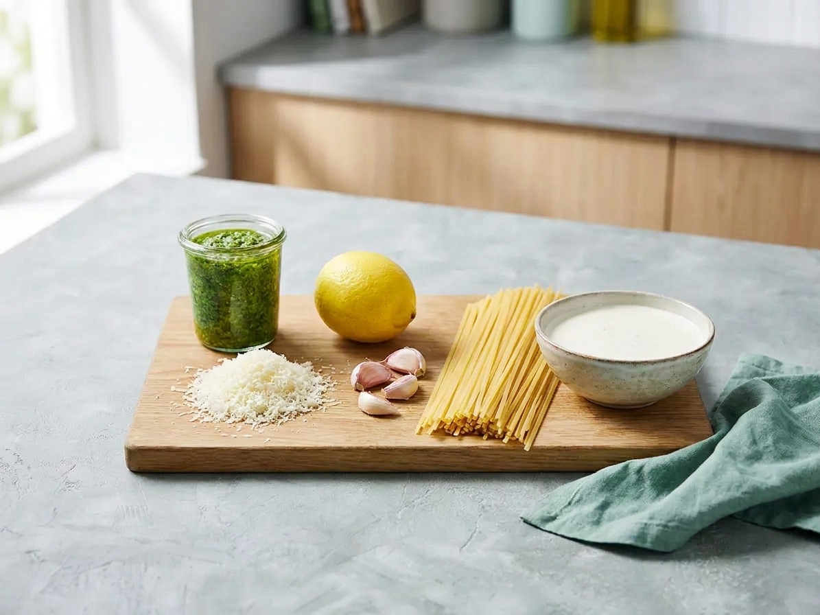A cutting board with basil pesto, grated Parmesan, a lemon, garlic, dry pasta, and a small bowl of cream arranged for cooking on a tidy kitchen counter