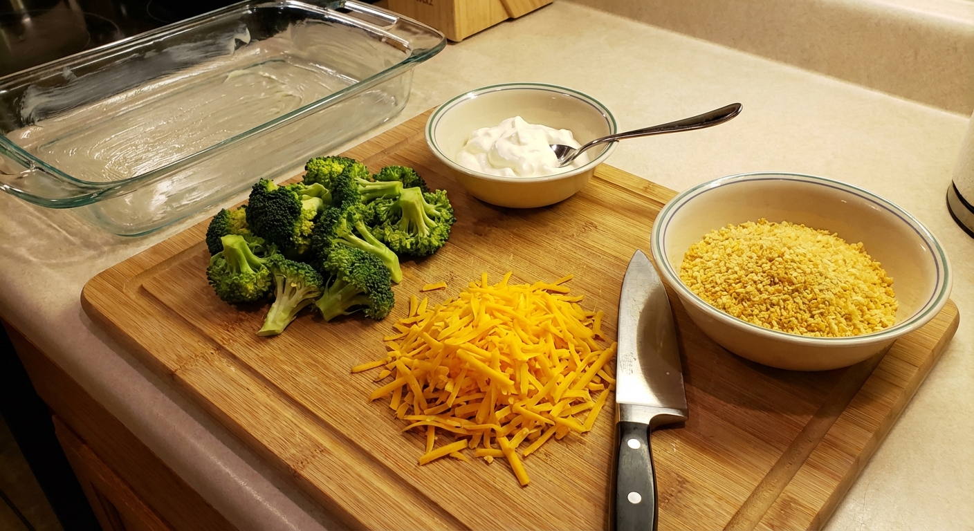 A cutting board with broccoli florets, shredded cheddar, sour cream, and a bowl of panko breadcrumbs ready for assembling a casserole