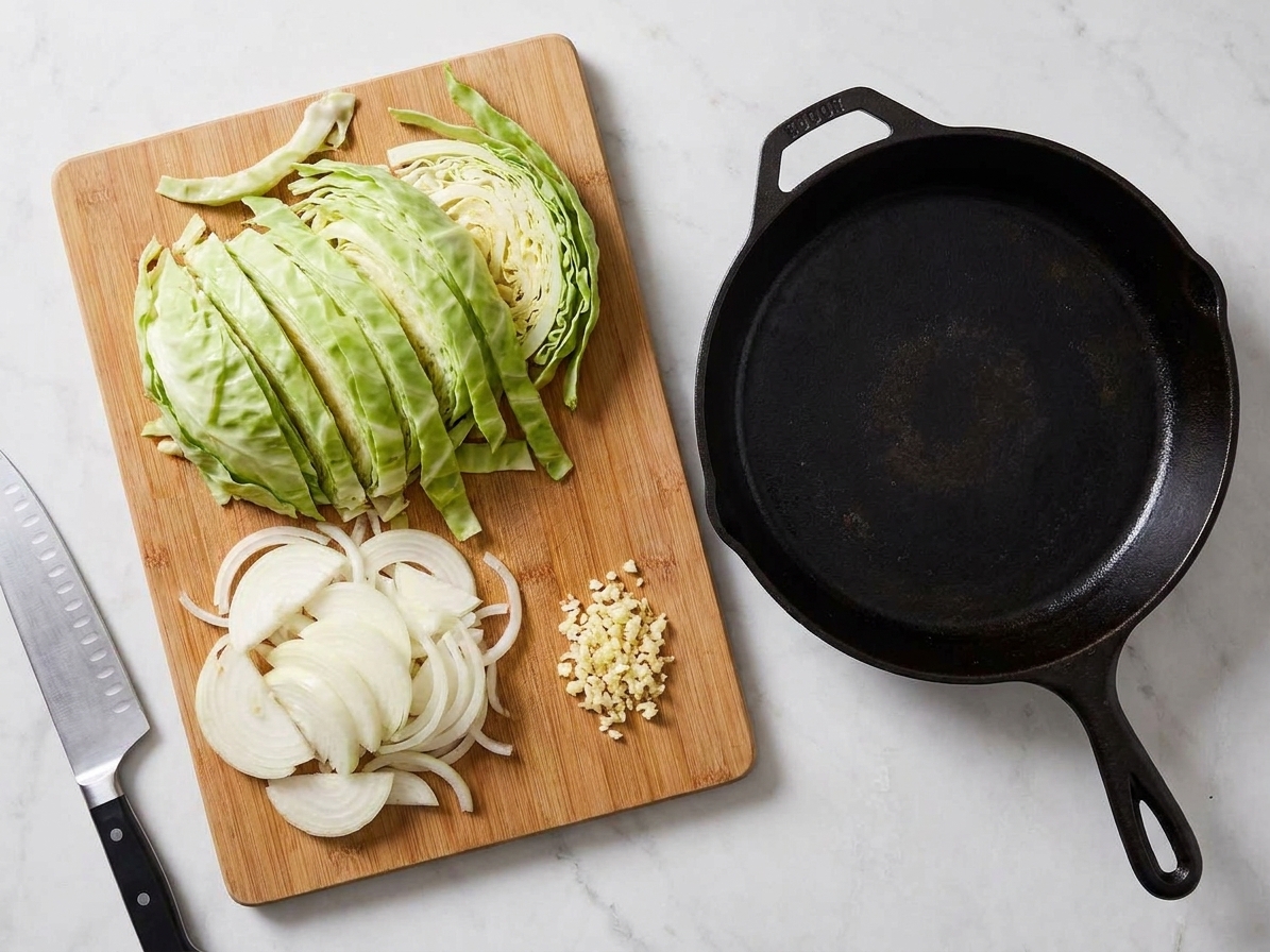A cutting board with cabbage cut into thick ribbons, thinly sliced onion, and minced garlic in small piles next to a skillet on a home kitchen counter