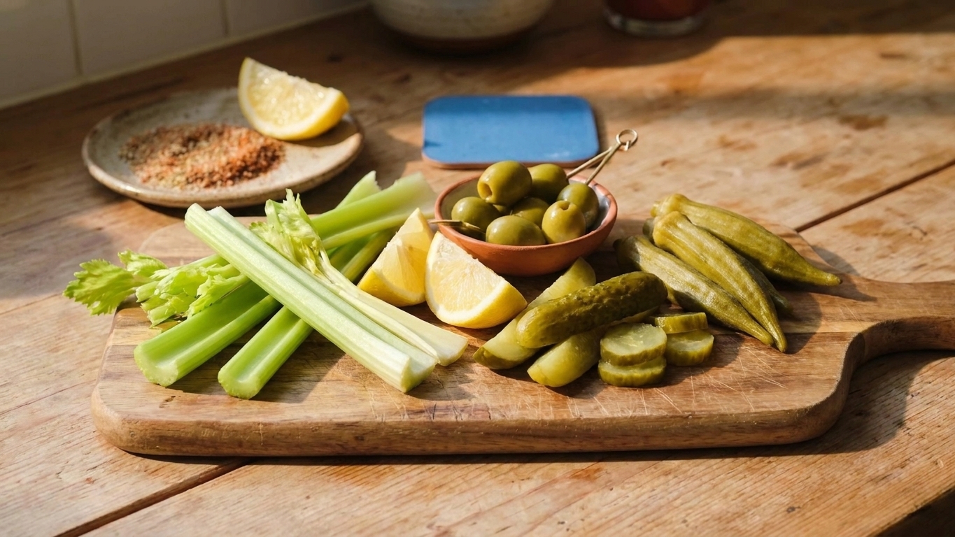 A cutting board with celery, lemon wedges, olives, pickles, and pickled okra ready to garnish a Bloody Molly