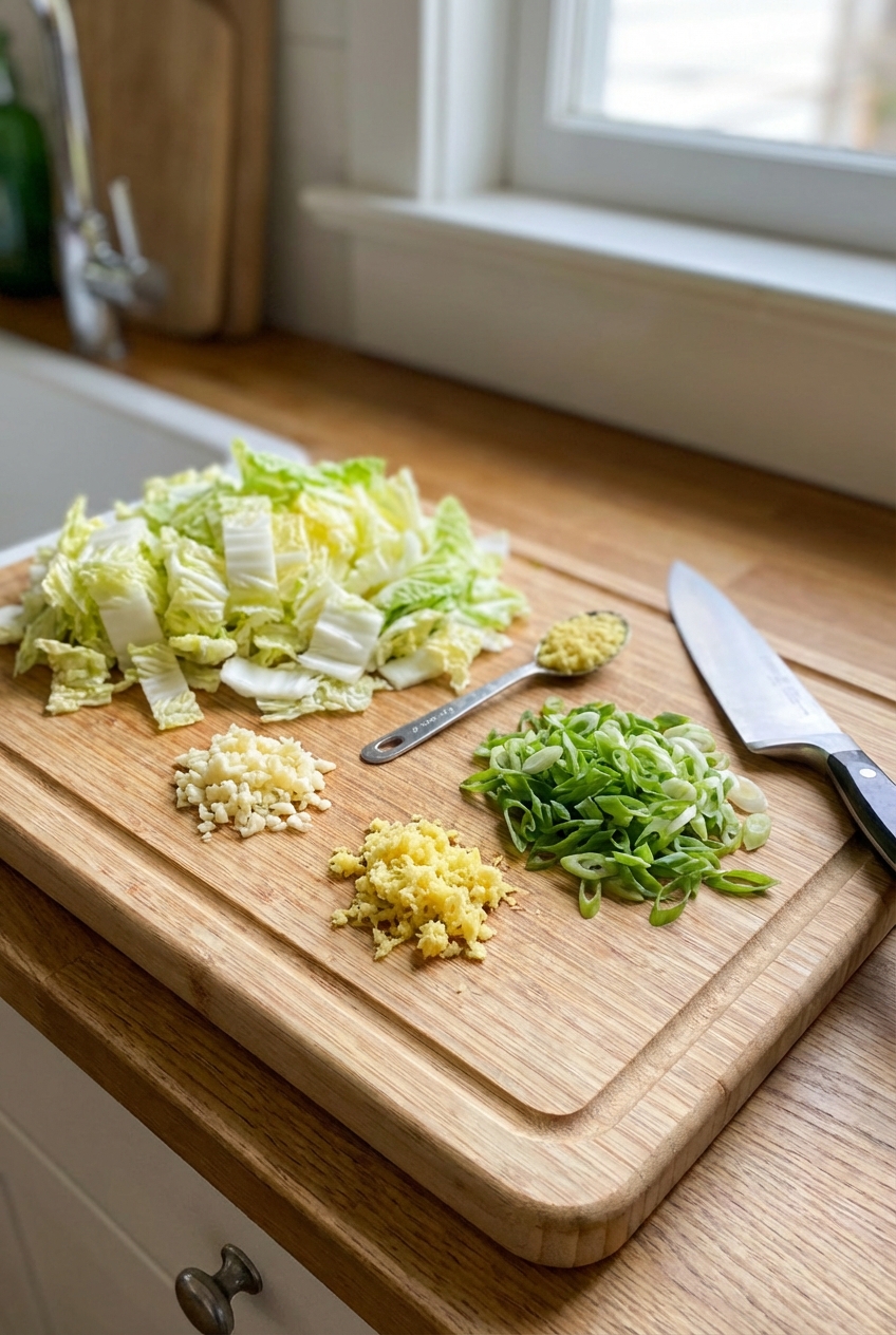 A cutting board with chopped Napa cabbage, minced garlic, grated ginger, and sliced scallions