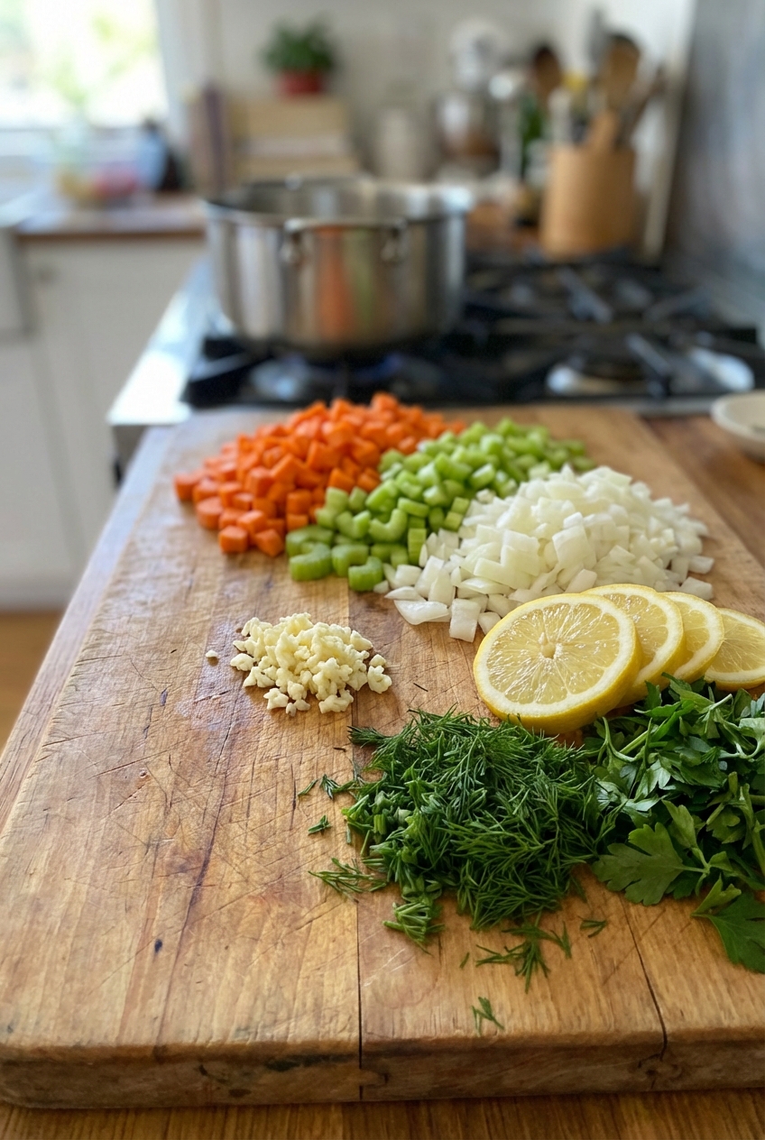 A cutting board with chopped carrots, celery, onion, minced garlic, sliced lemon, and a pile of fresh dill and parsley ready for soup prep