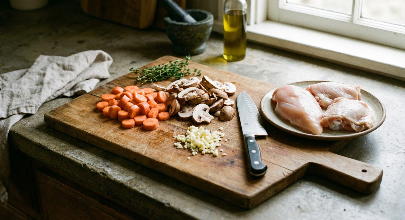 A cutting board with chopped carrots, sliced mushrooms, minced garlic, and thyme next to raw chicken pieces