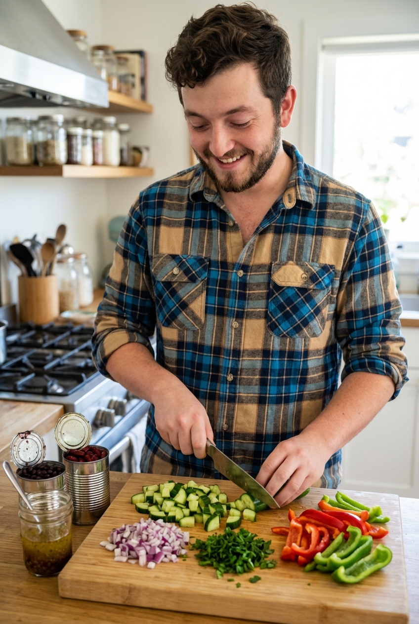 A cutting board with chopped cucumber, diced red onion, parsley, and bell pepper next to opened cans of beans and a small jar of vinaigrette