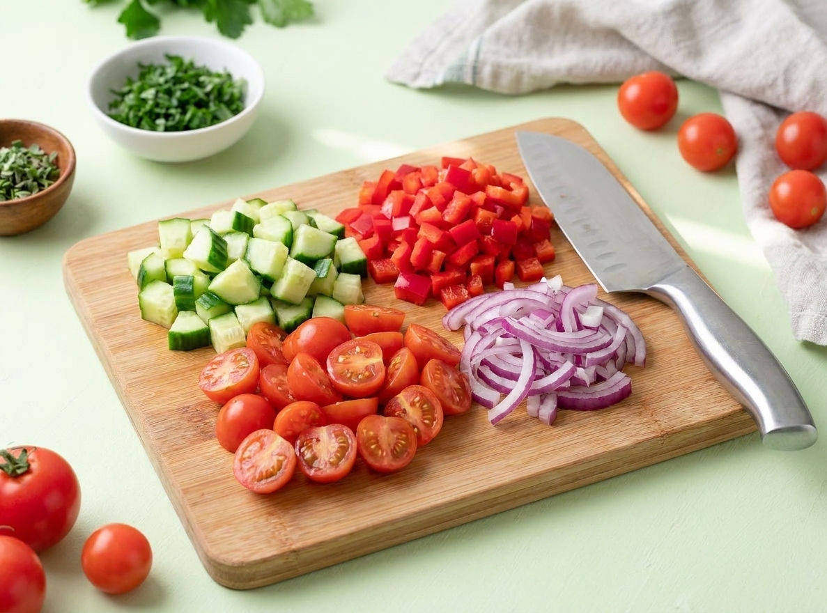 A cutting board with chopped cucumber, halved cherry tomatoes, diced red bell pepper, and sliced red onion beside a chef's knife