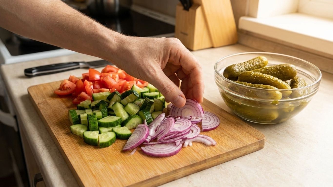 A cutting board with chopped cucumbers, chopped tomatoes, and thinly sliced red onions next to a bowl of pickles