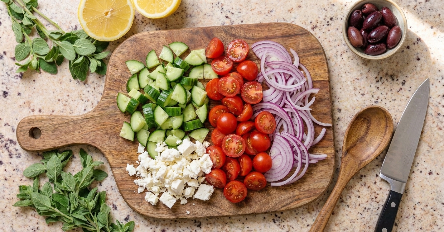 A cutting board with chopped cucumbers, halved cherry tomatoes, sliced red onion, and crumbled feta ready for a Mediterranean salad