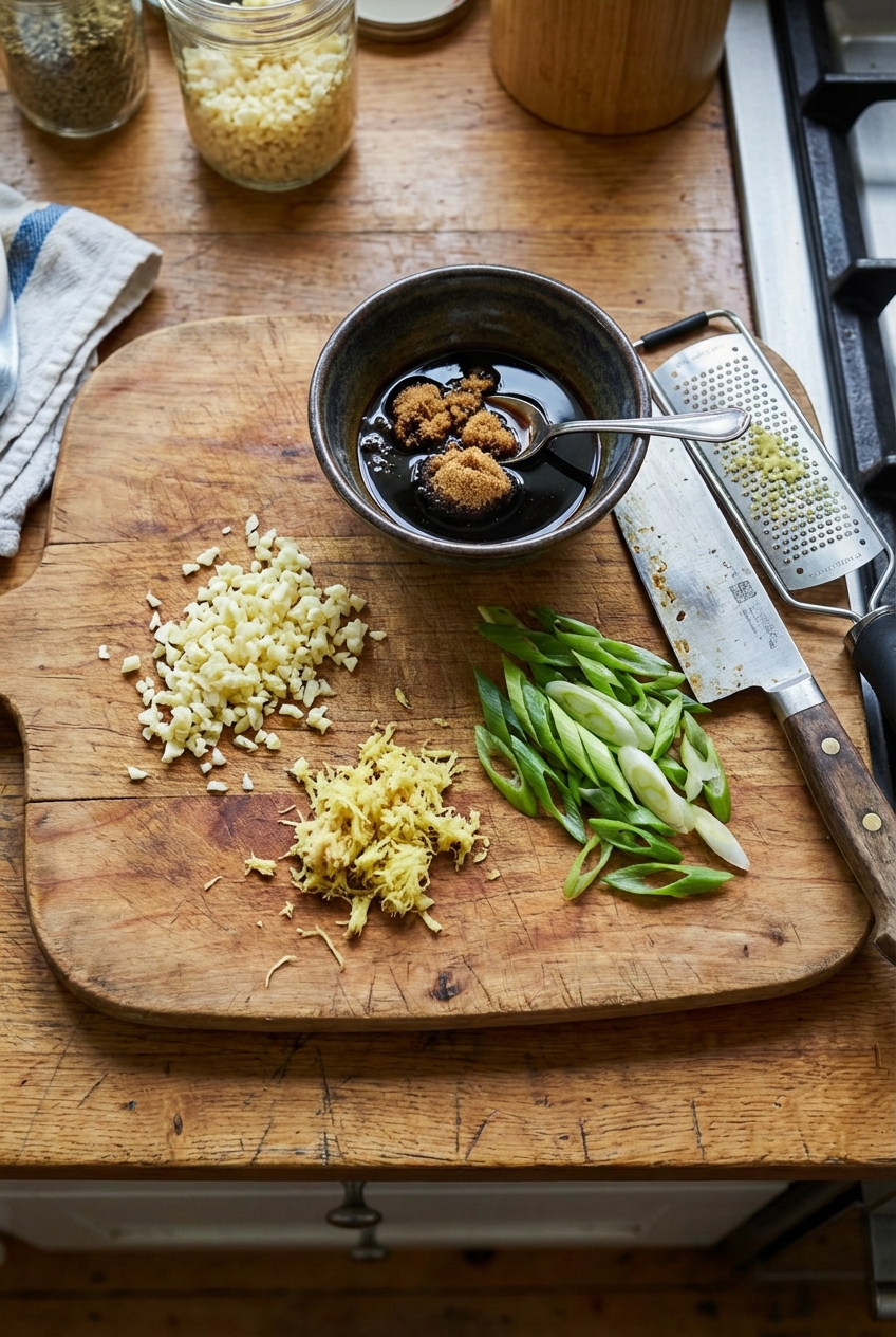 A cutting board with chopped garlic, grated ginger, sliced scallions, and a small bowl of soy sauce and brown sugar