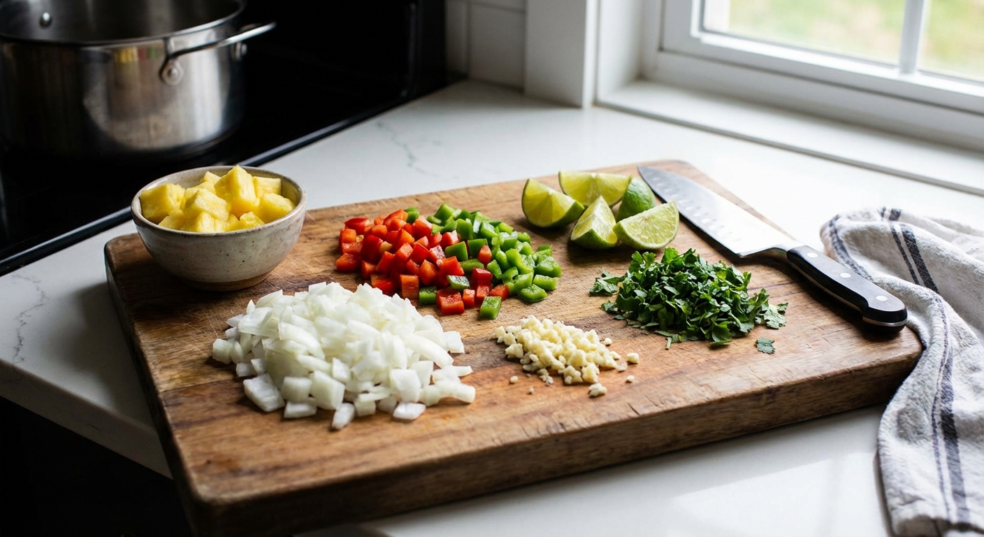 A cutting board with chopped onion, bell pepper, garlic, cilantro, lime, and a small bowl of pineapple pieces ready for cooking