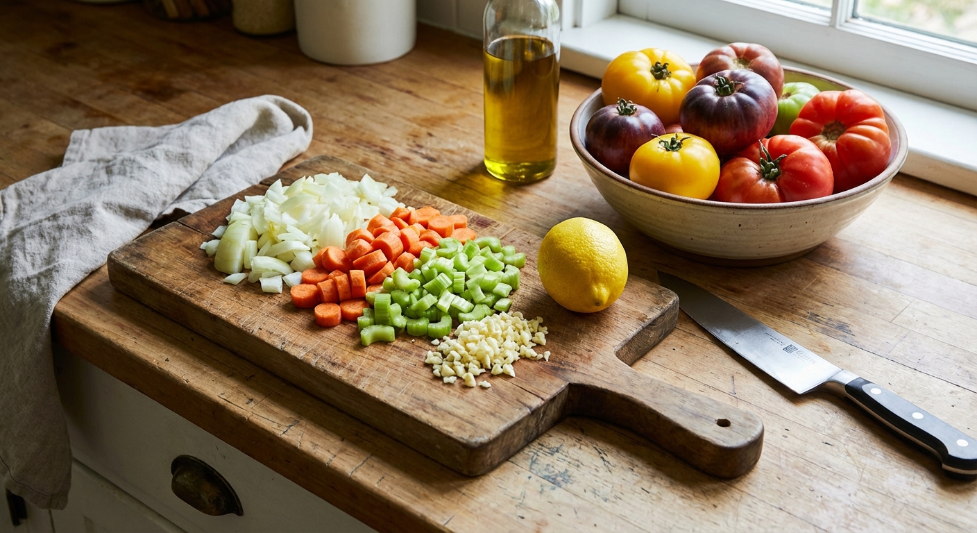 A cutting board with chopped onion, carrot, celery, garlic, and a whole lemon next to a bowl of heirloom tomatoes