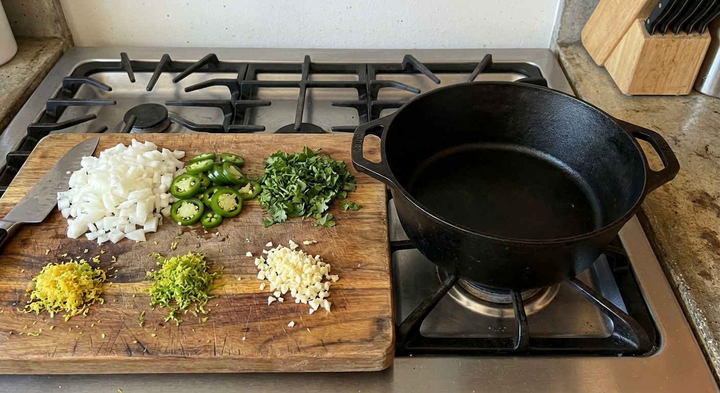 A cutting board with chopped onion, jalapeño, cilantro, garlic, and citrus zest next to a pot ready for cooking