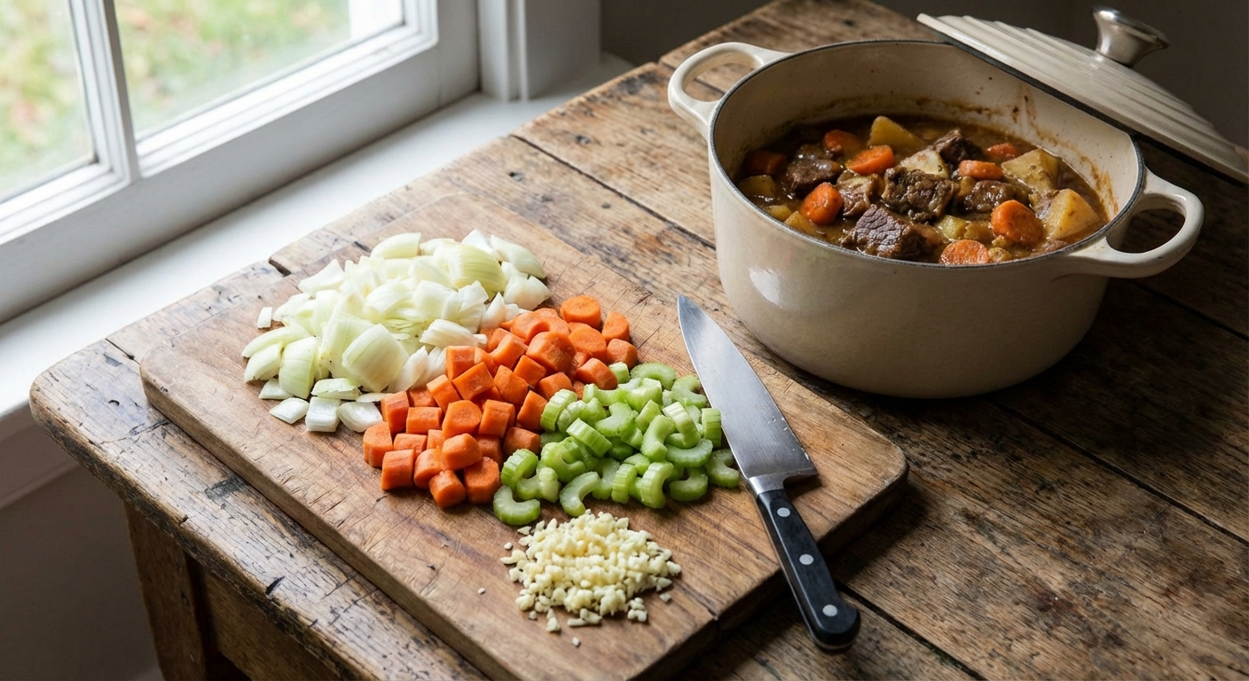 A cutting board with chopped onions, carrots, celery, and minced garlic next to a Dutch oven on a kitchen counter