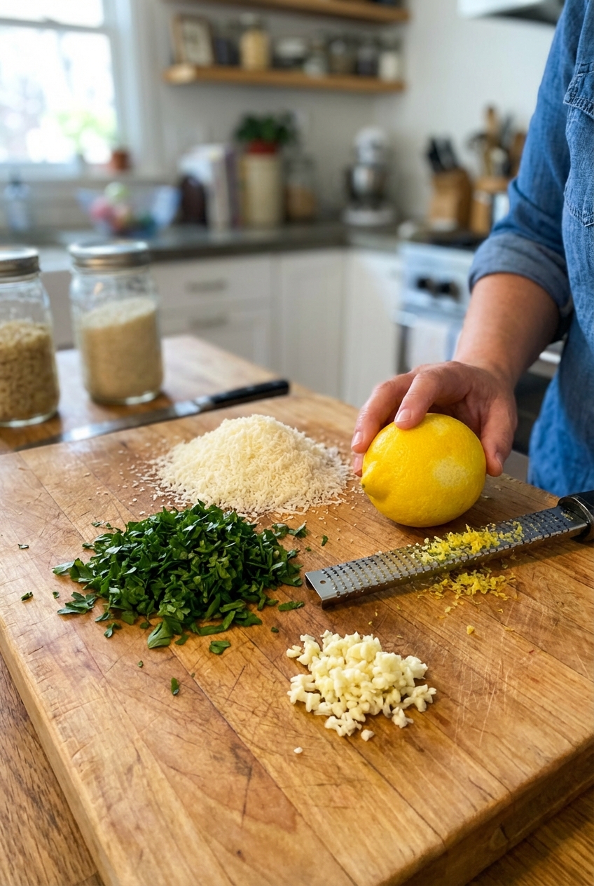 A cutting board with chopped parsley, grated parmesan, minced garlic, and a lemon ready for zesting