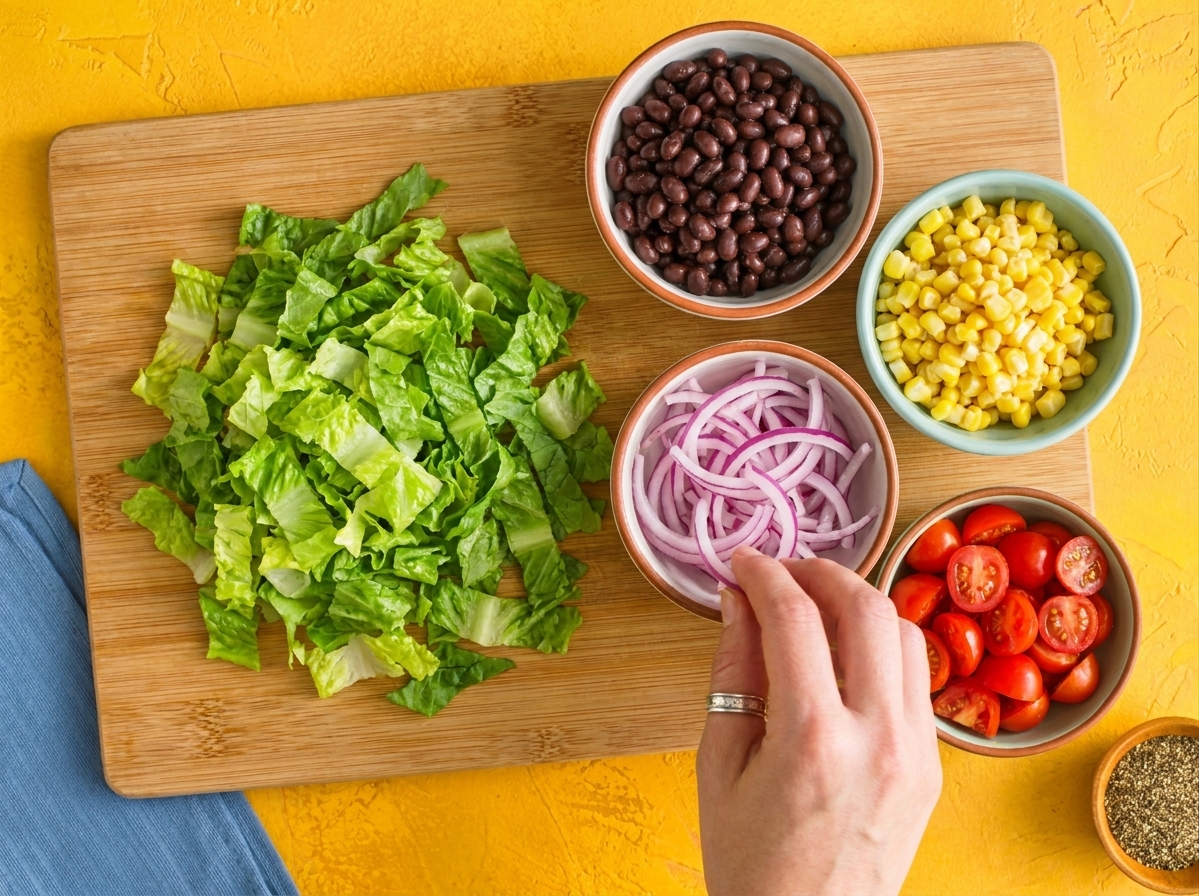 A cutting board with chopped romaine lettuce next to small bowls of rinsed black beans, corn kernels, sliced red onion, and halved cherry tomatoes