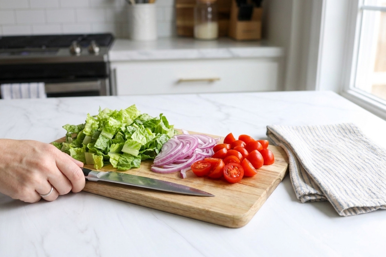 A cutting board with chopped romaine, sliced red onion, and halved cherry tomatoes ready to be added to a salad bowl