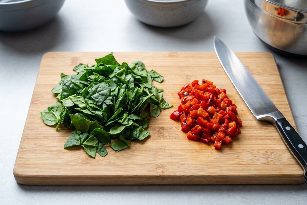 A cutting board with chopped spinach and finely diced roasted red peppers beside a chef's knife on a bright kitchen counter