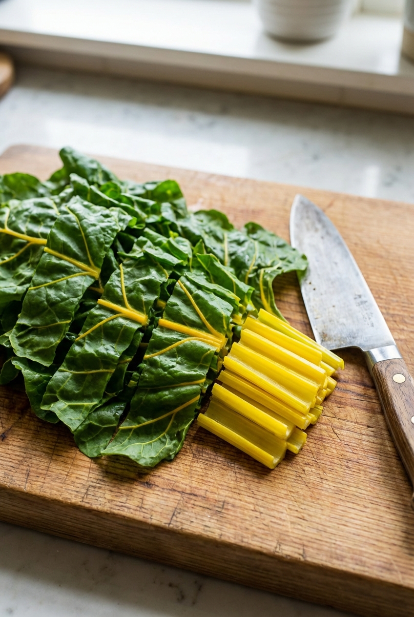 A cutting board with chopped yellow chard leaves and sliced yellow chard stems next to a chef's knife