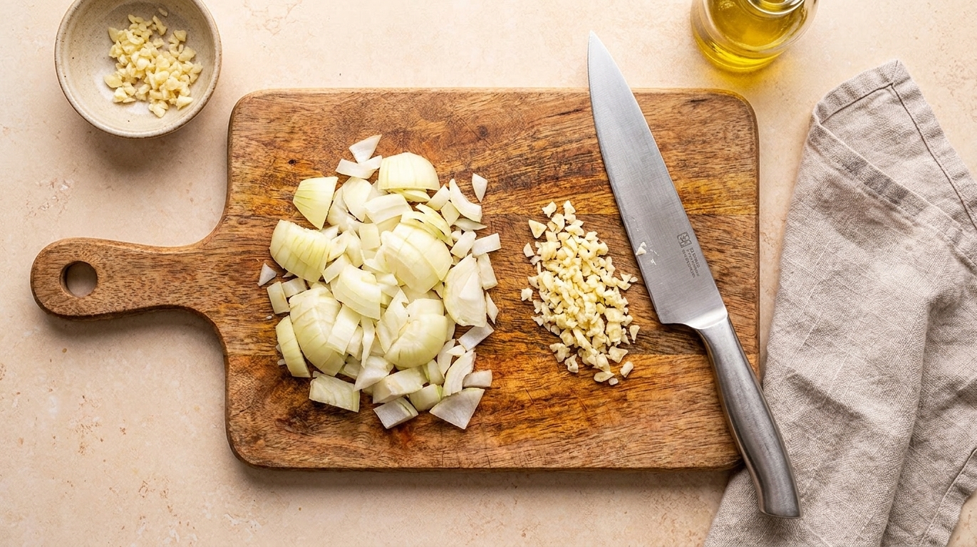A cutting board with chopped yellow onion and minced garlic beside a chef's knife on a tidy kitchen counter
