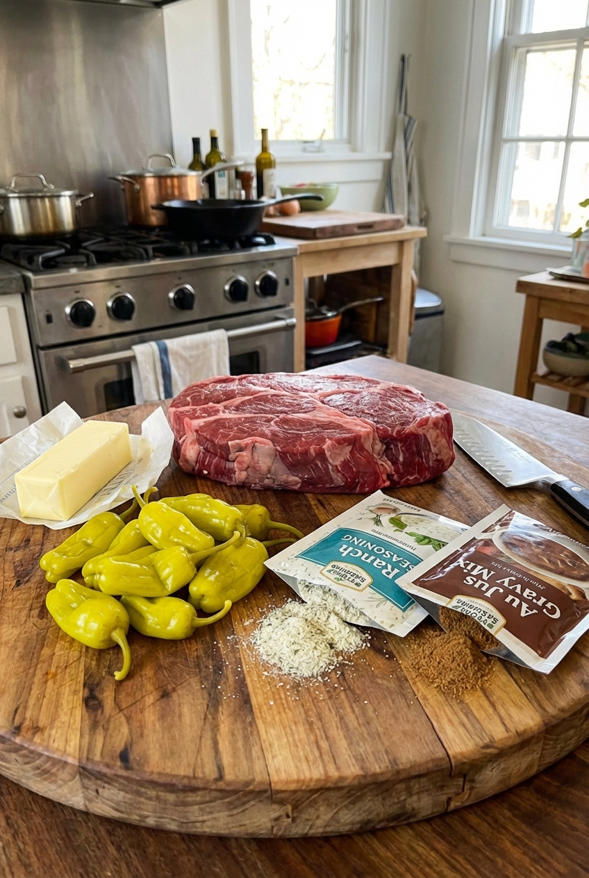 A cutting board with chuck roast, pepperoncini, butter, ranch seasoning, and au jus gravy mix ready to cook