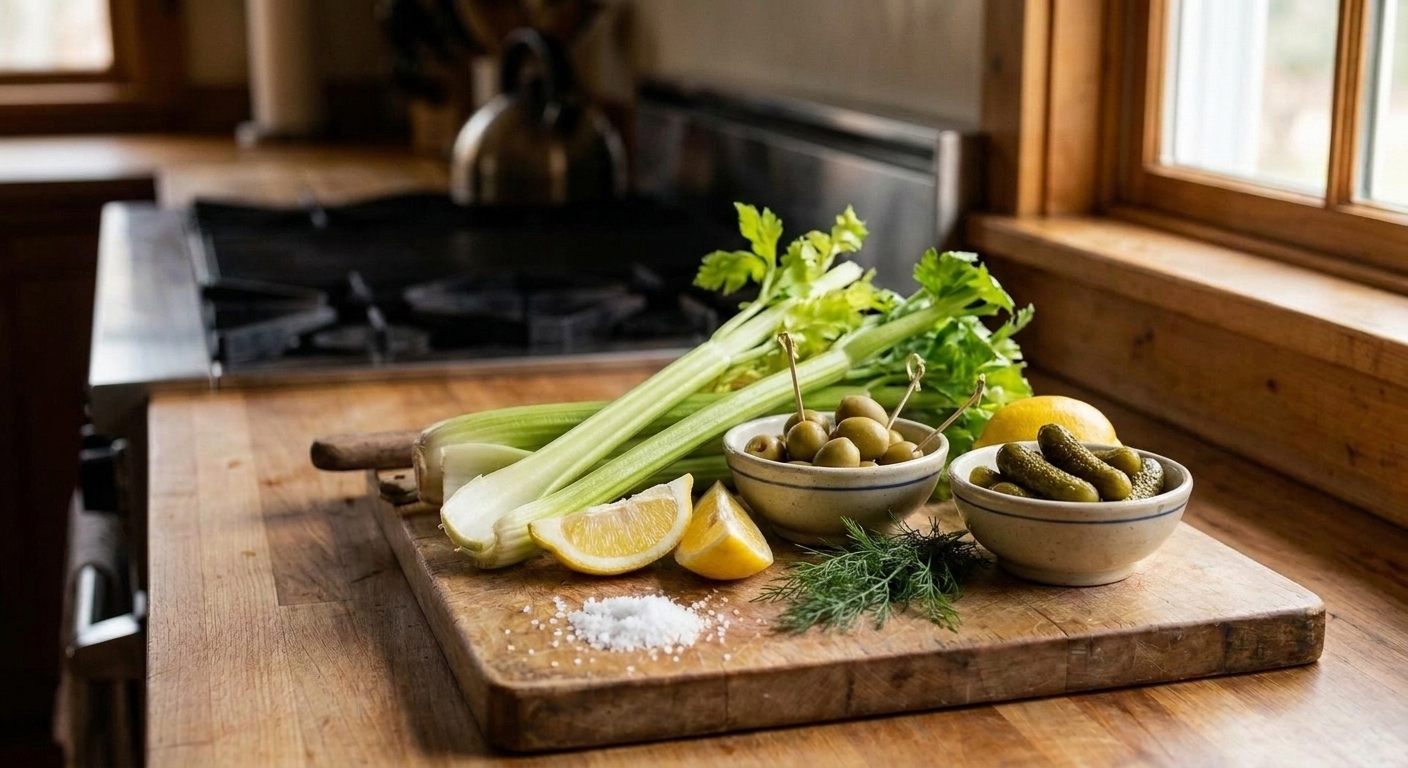 A cutting board with classic Bloody Mary garnishes like celery stalks, lemon wedges, olives, and pickles arranged for assembling drinks