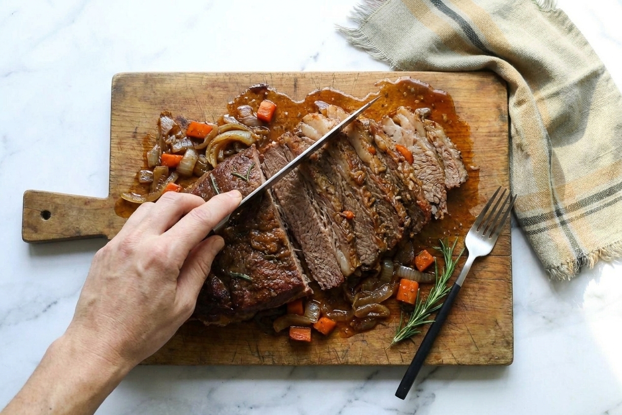 A cutting board with cooked brisket being sliced against the grain using a long carving knife, with juices and onions nearby