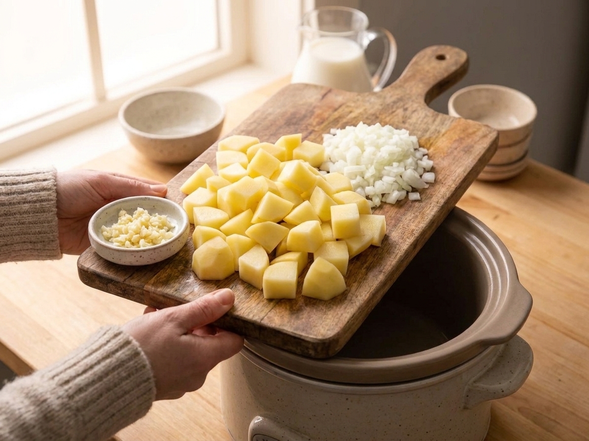 A cutting board with cubed Yukon Gold potatoes, chopped onion, and minced garlic ready for the slow cooker on a bright kitchen counter