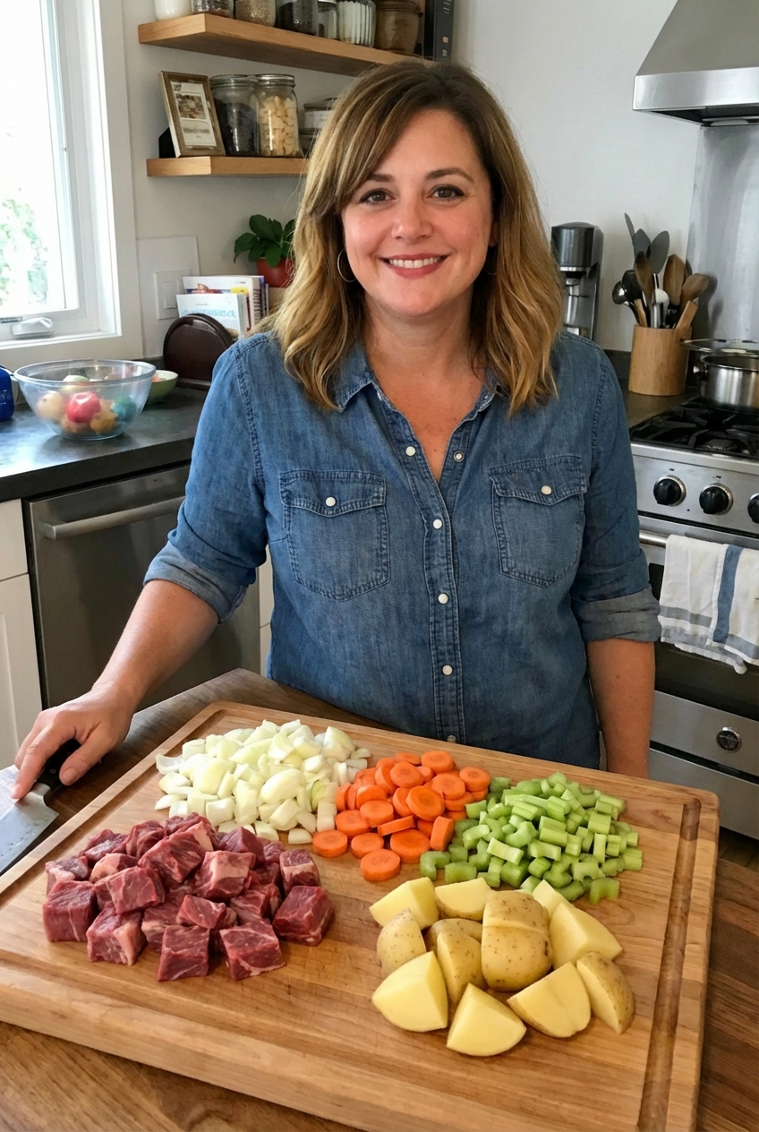 A cutting board with cubed beef chuck, chopped onions, carrots, celery, and potatoes ready for stew prep