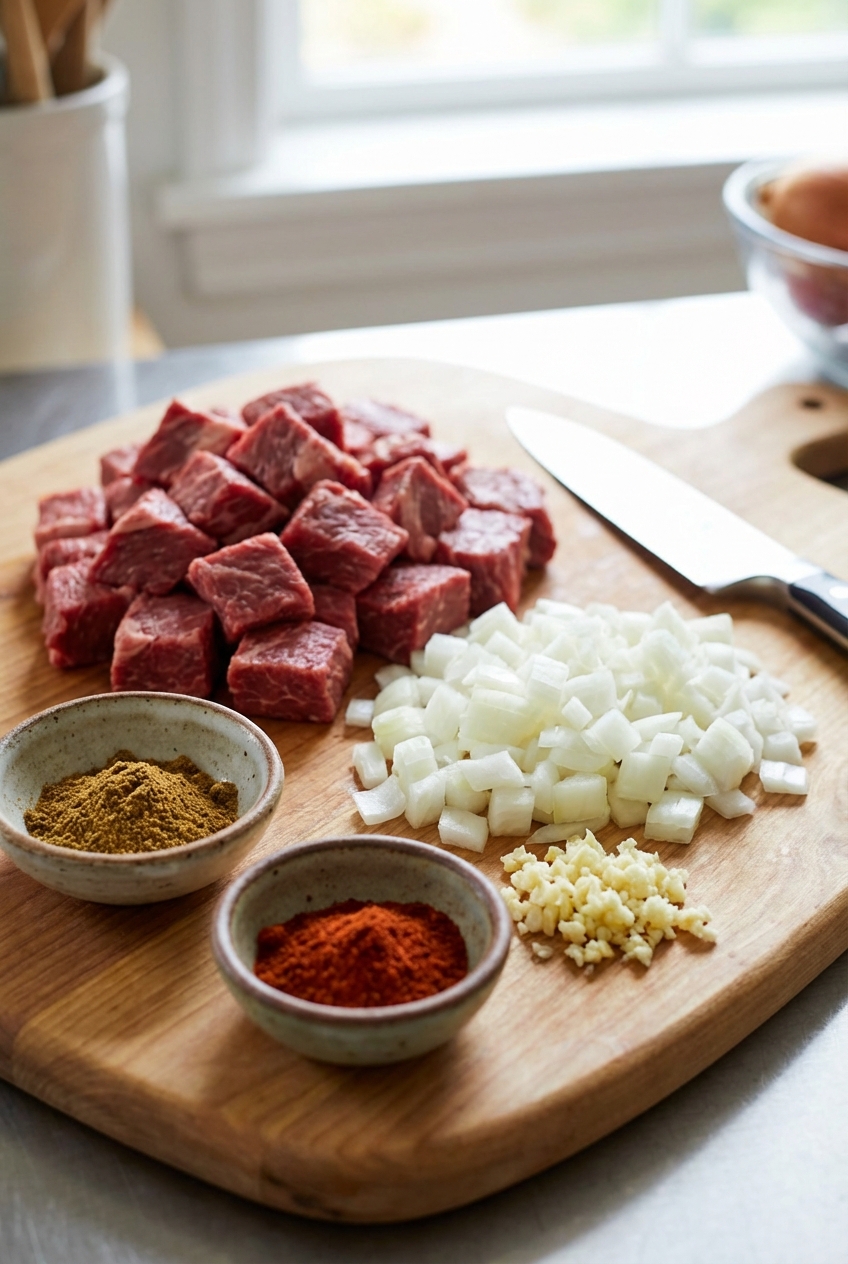A cutting board with cubed beef chuck, diced onion, minced garlic, and small bowls of cumin and chili powder prepped for cooking