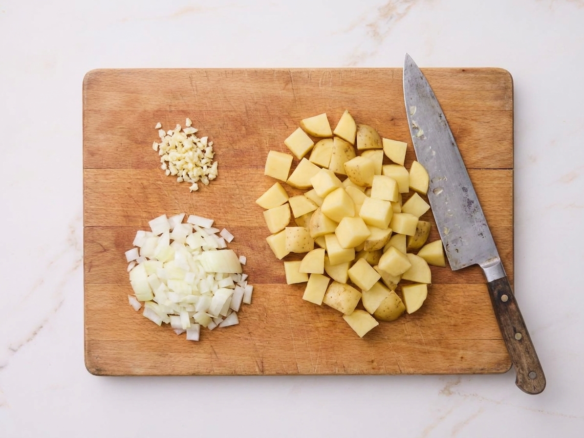 A cutting board with diced Yukon Gold potatoes, chopped yellow onion, and minced garlic arranged in small piles