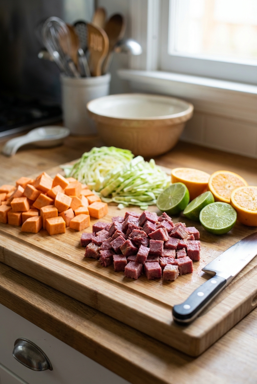 A cutting board with diced cooked corned beef, cubed sweet potatoes, sliced green cabbage, and halved limes and oranges ready for cooking