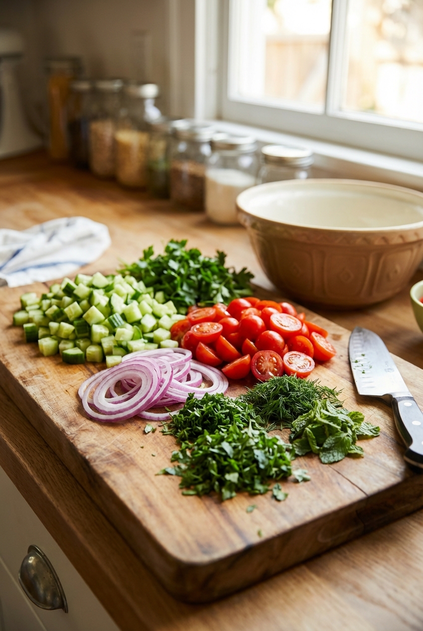 A cutting board with diced cucumber, halved cherry tomatoes, sliced red onion, and chopped herbs ready for orzo salad