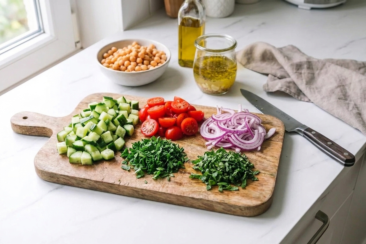 A cutting board with diced cucumber, halved cherry tomatoes, sliced red onion, chopped parsley, and chopped mint ready for a salad